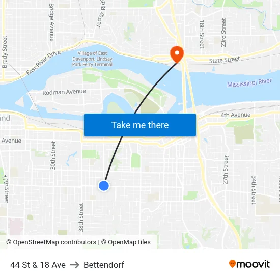 44 St & 18 Ave to Bettendorf map