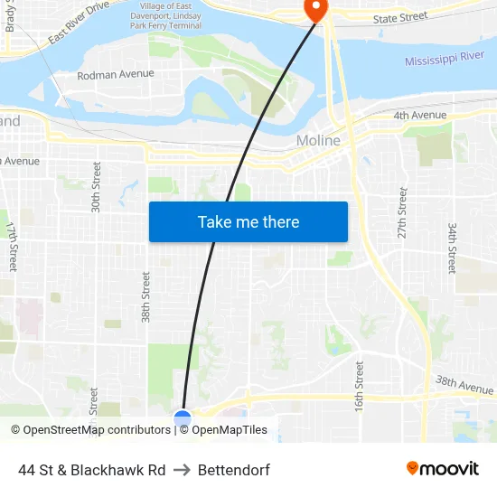 44 St & Blackhawk Rd to Bettendorf map