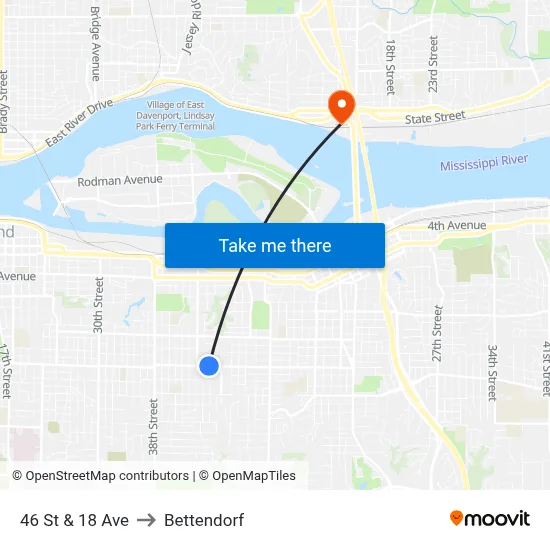 46 St & 18 Ave to Bettendorf map