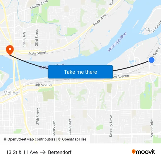 13 St & 11 Ave to Bettendorf map