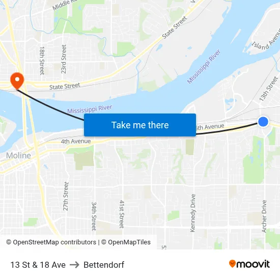 13 St & 18 Ave to Bettendorf map