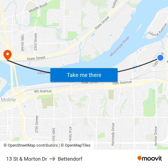 13 St & Morton Dr to Bettendorf map
