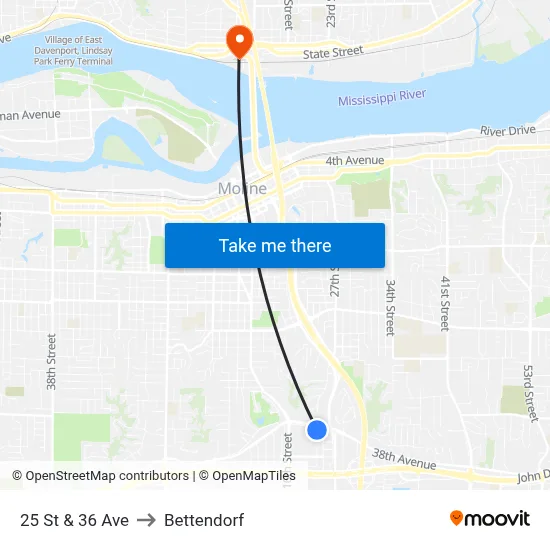 25 St & 36 Ave to Bettendorf map