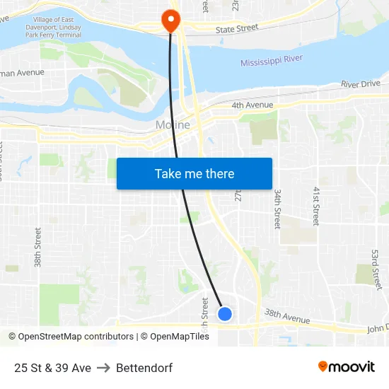 25 St & 39 Ave to Bettendorf map