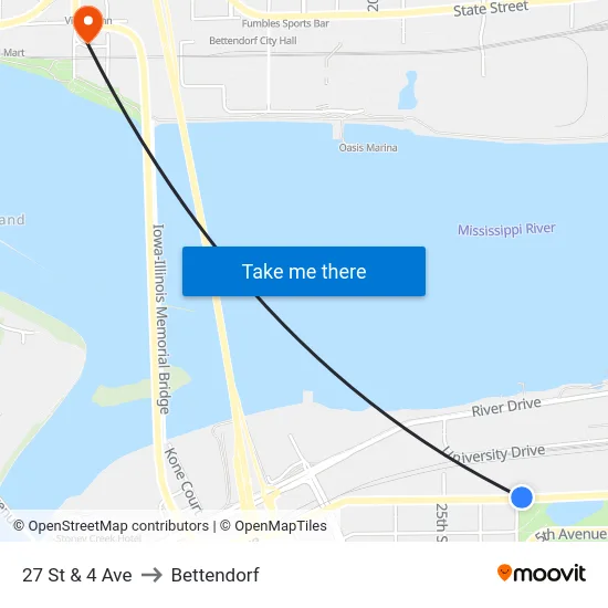 27 St & 4 Ave to Bettendorf map