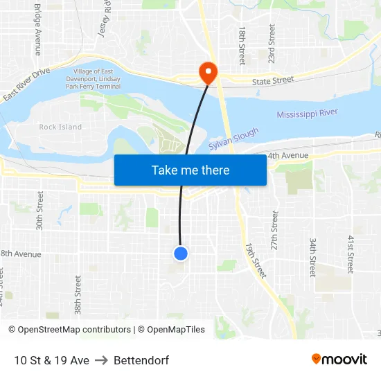 10 St & 19 Ave to Bettendorf map