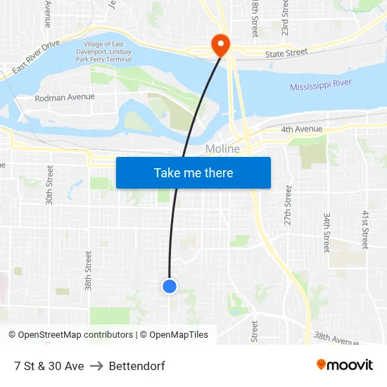 7 St & 30 Ave to Bettendorf map