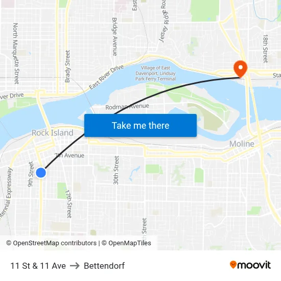 11 St & 11 Ave to Bettendorf map