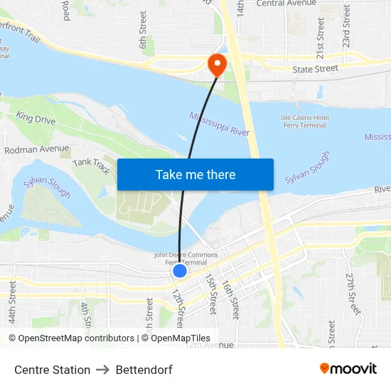 Centre Station to Bettendorf map