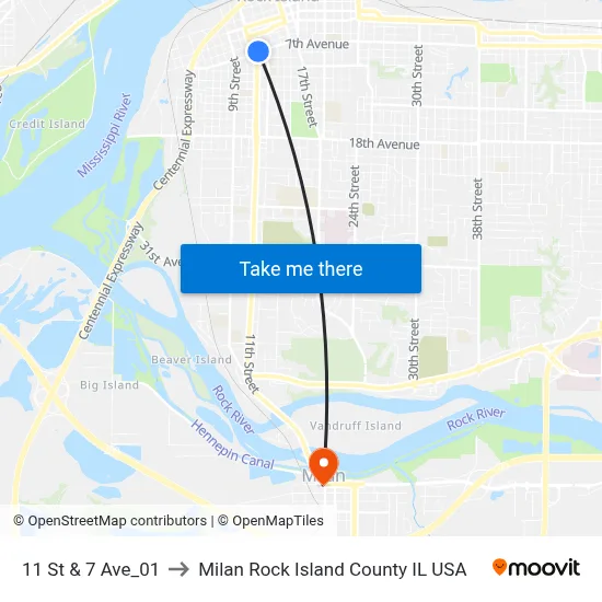 11 St & 7 Ave_01 to Milan Rock Island County IL USA map