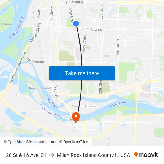 20 St & 16 Ave_01 to Milan Rock Island County IL USA map