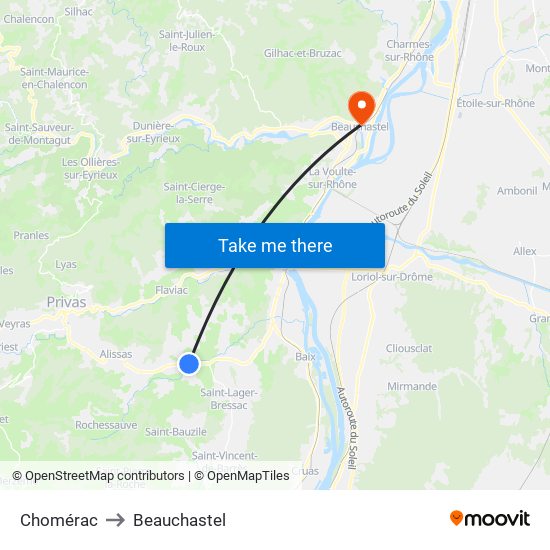 Chomérac to Beauchastel map