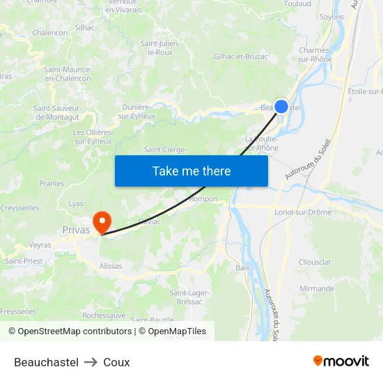 Beauchastel to Coux map