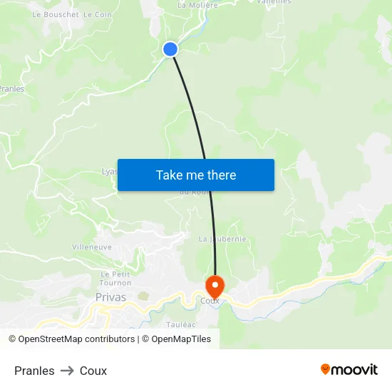 Pranles to Coux map