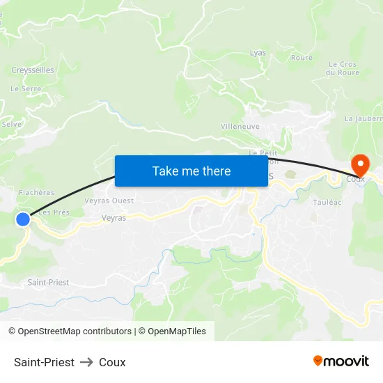 Saint-Priest to Coux map