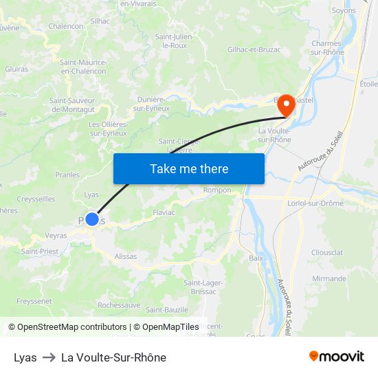 Lyas to La Voulte-Sur-Rhône map