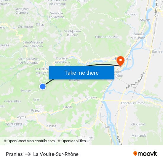 Pranles to La Voulte-Sur-Rhône map