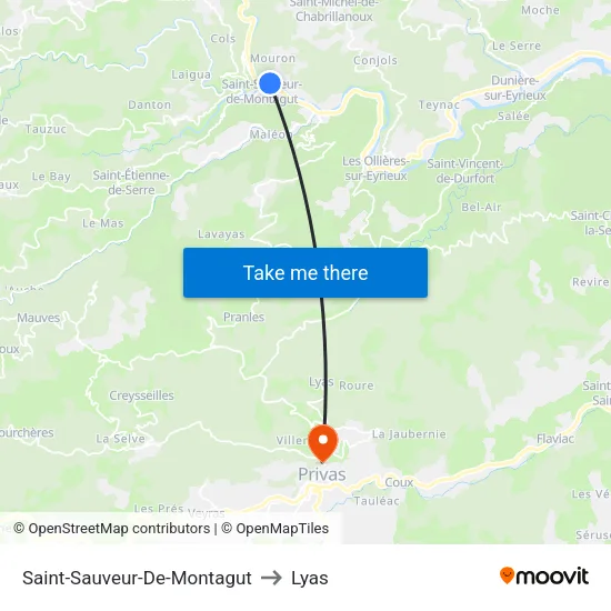 Saint-Sauveur-De-Montagut to Lyas map