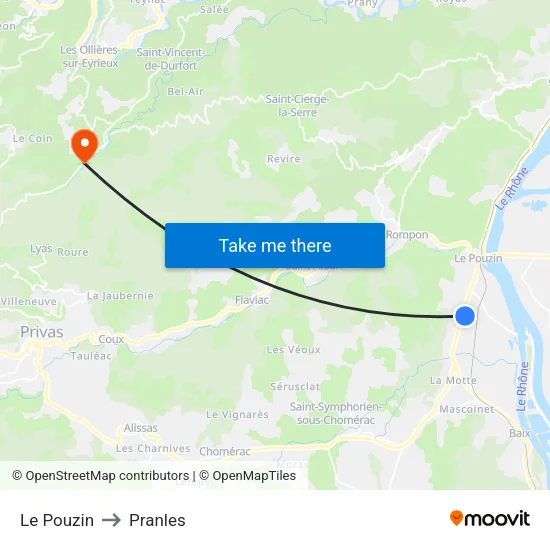 Le Pouzin to Pranles map