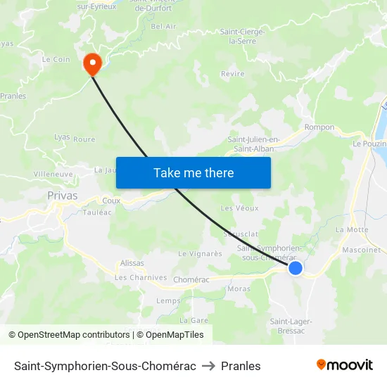 Saint-Symphorien-Sous-Chomérac to Pranles map