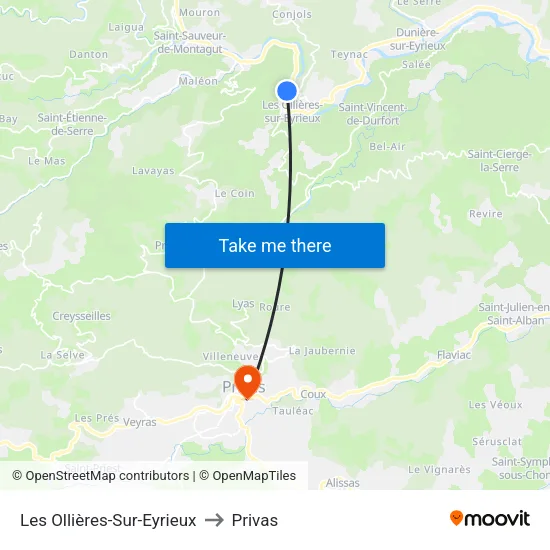 Les Ollières-Sur-Eyrieux to Privas map