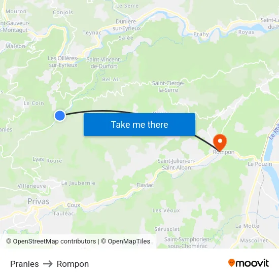 Pranles to Rompon map
