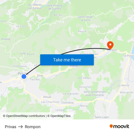 Privas to Rompon map