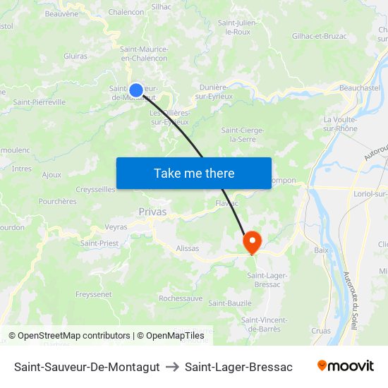 Saint-Sauveur-De-Montagut to Saint-Lager-Bressac map