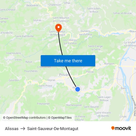Alissas to Saint-Sauveur-De-Montagut map