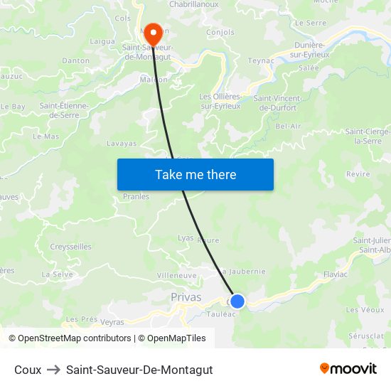 Coux to Saint-Sauveur-De-Montagut map