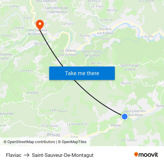 Flaviac to Saint-Sauveur-De-Montagut map