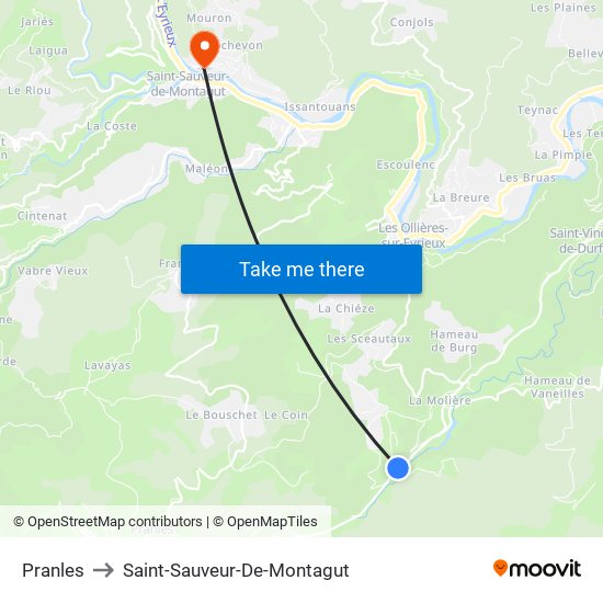 Pranles to Saint-Sauveur-De-Montagut map