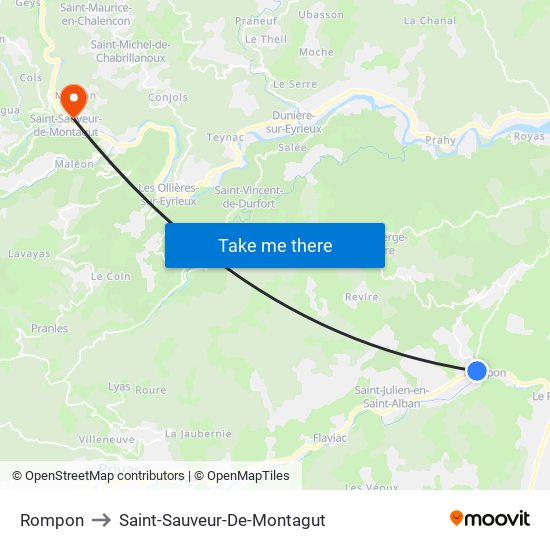 Rompon to Saint-Sauveur-De-Montagut map