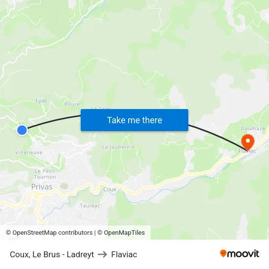 Coux, Le Brus - Ladreyt to Flaviac map