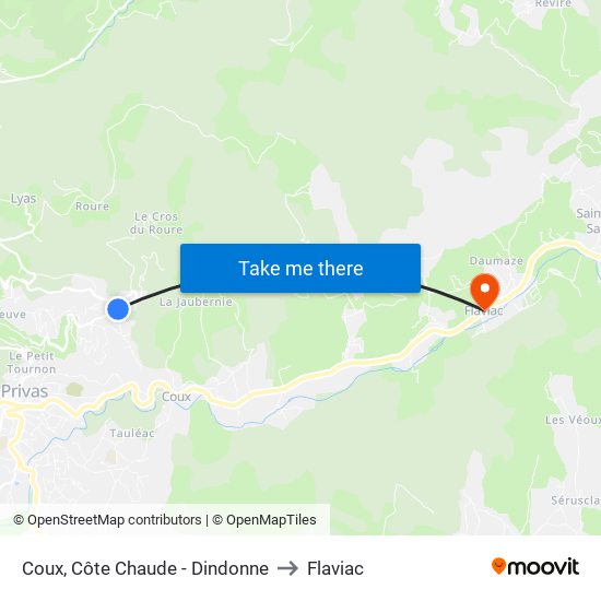 Coux, Côte Chaude - Dindonne to Flaviac map