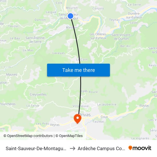 Saint-Sauveur-De-Montagut, Centre to Ardèche Campus Connecté map