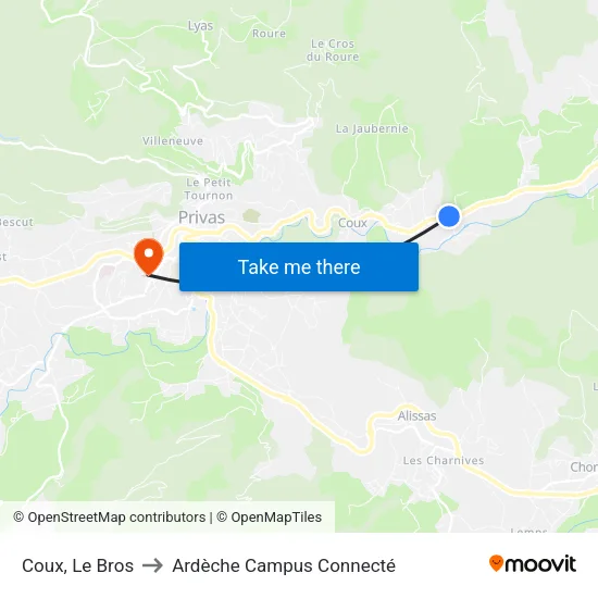 Coux, Le Bros to Ardèche Campus Connecté map