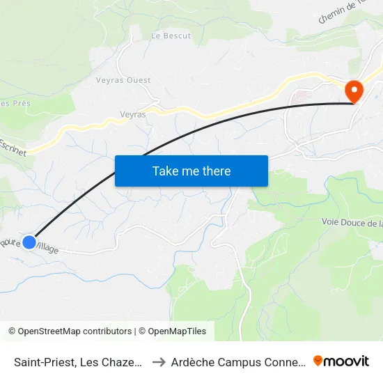 Saint-Priest, Les Chazeaux to Ardèche Campus Connecté map