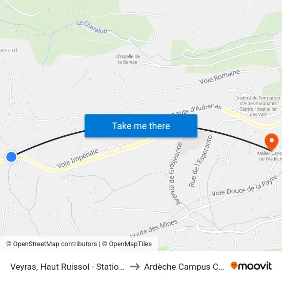 Veyras, Haut Ruissol - Station Essence to Ardèche Campus Connecté map