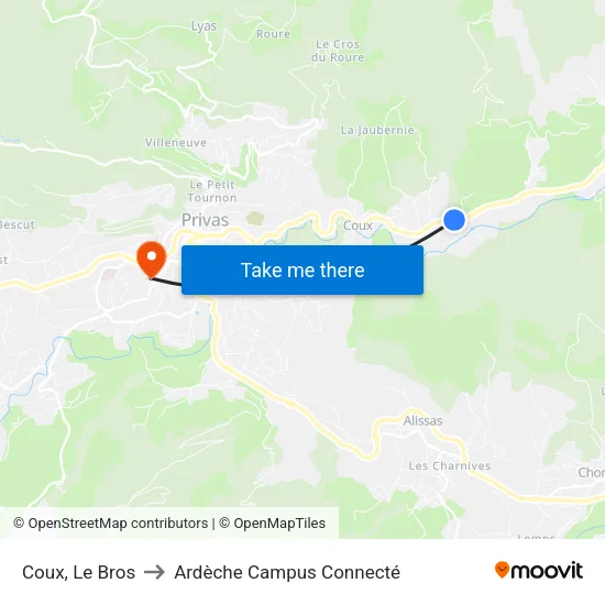 Coux, Le Bros to Ardèche Campus Connecté map