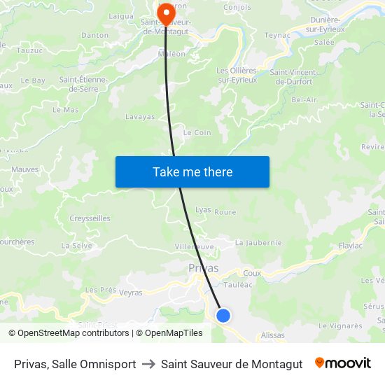 Privas, Salle Omnisport to Saint Sauveur de Montagut map