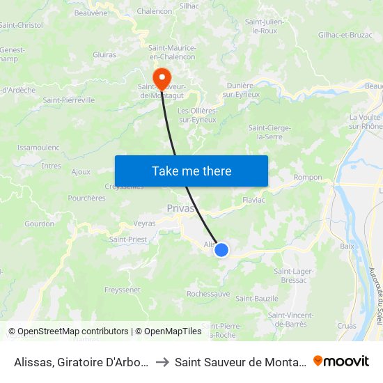 Alissas, Giratoire D'Arbonne to Saint Sauveur de Montagut map