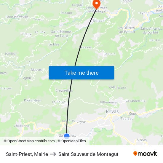 Saint-Priest, Mairie to Saint Sauveur de Montagut map