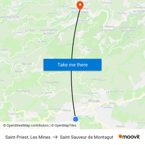 Saint-Priest, Les Mines to Saint Sauveur de Montagut map