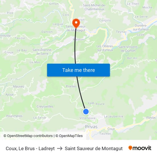 Coux, Le Brus - Ladreyt to Saint Sauveur de Montagut map