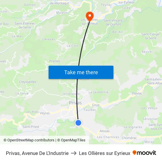 Privas, Avenue De L'Industrie to Les Ollières sur Eyrieux map