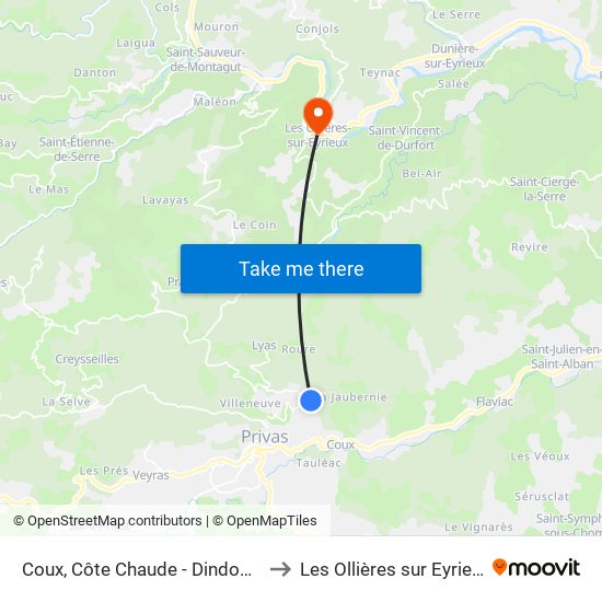 Coux, Côte Chaude - Dindonne to Les Ollières sur Eyrieux map