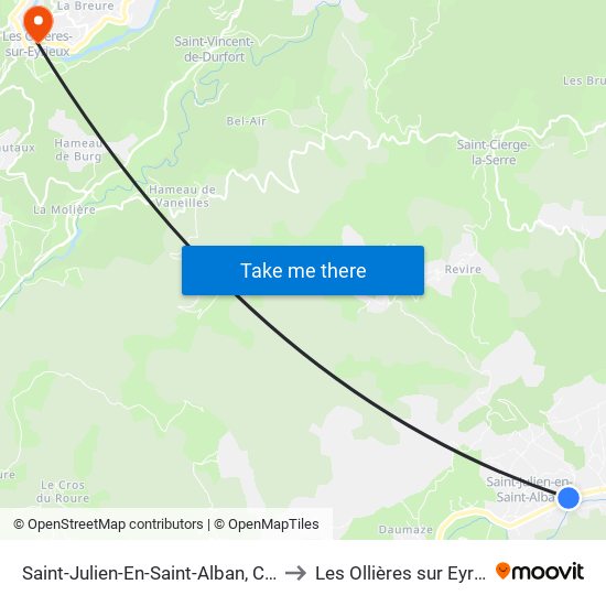 Saint-Julien-En-Saint-Alban, Centre to Les Ollières sur Eyrieux map