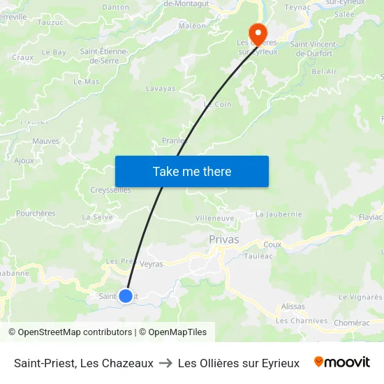 Saint-Priest, Les Chazeaux to Les Ollières sur Eyrieux map