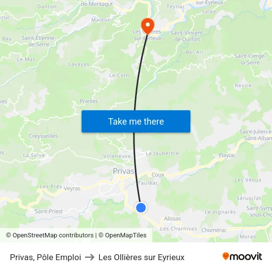 Privas, Pôle Emploi to Les Ollières sur Eyrieux map